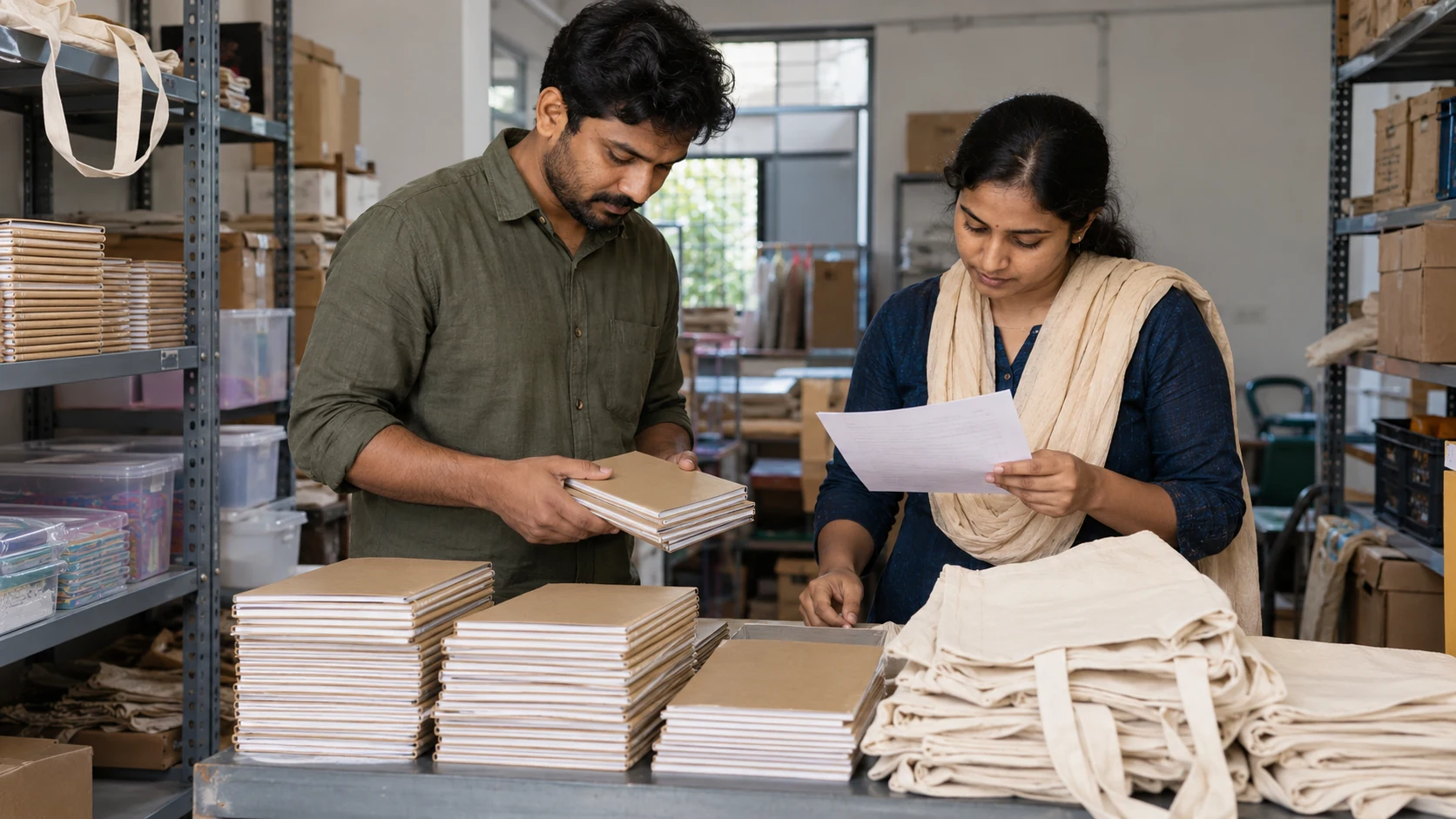 Illustration of two volunteers check notebooks and reusable bags against a paper list.