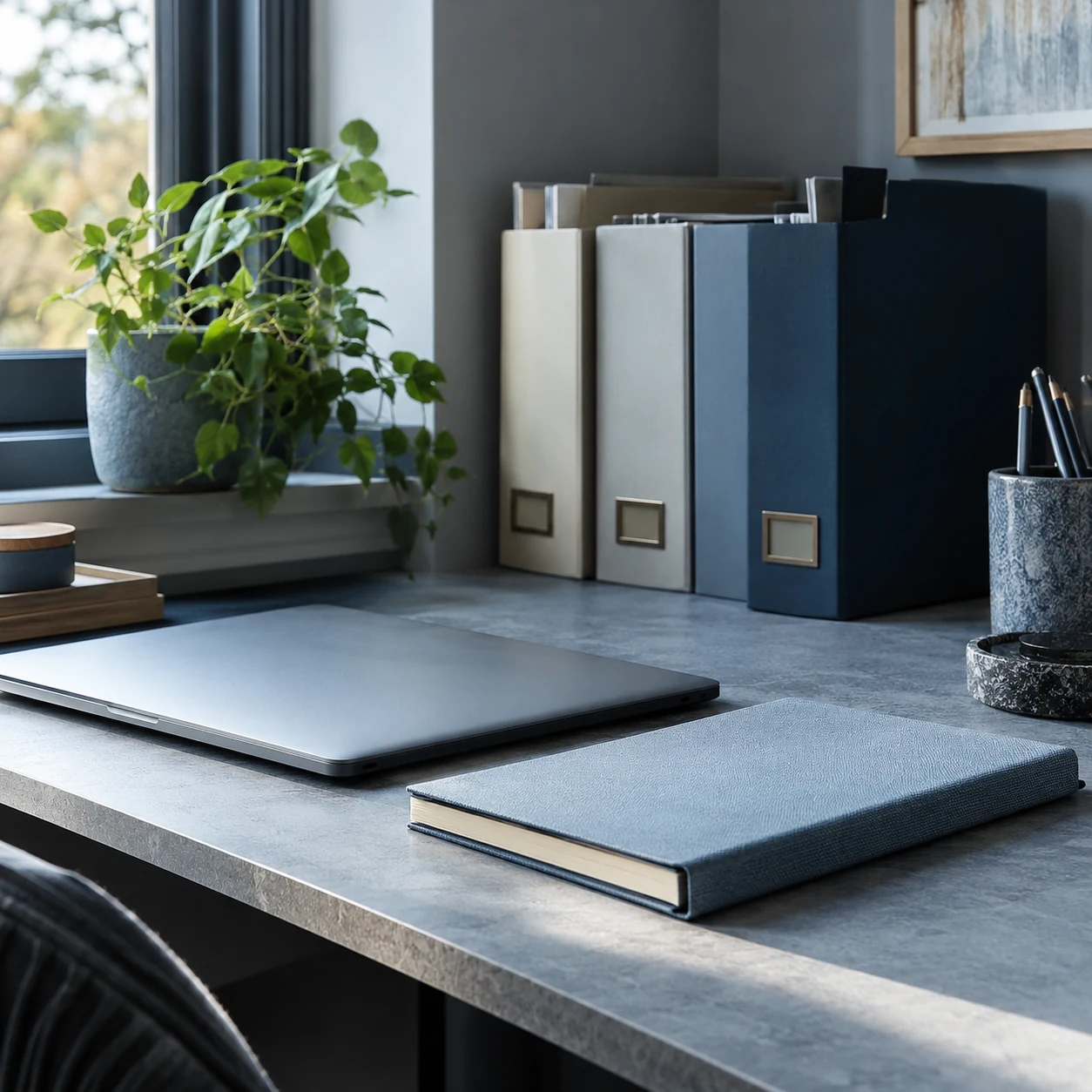 Illustration of folders, a closed laptop and a notebook arranged on a desk.