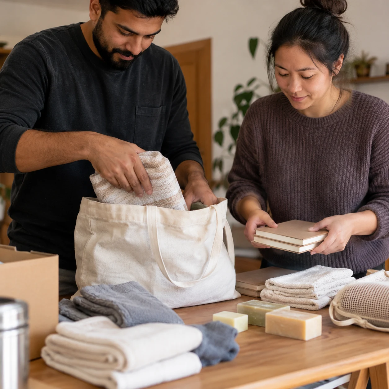 Illustration of two adults pack useful household supplies into a reusable bag.