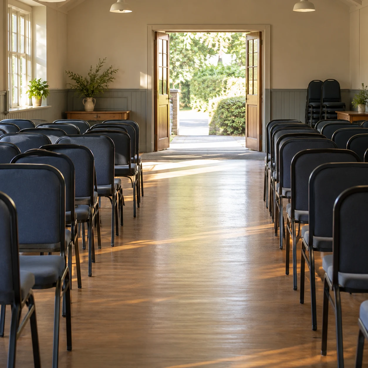 Illustration of rows of chairs flank a clear aisle leading to an open hall doorway.