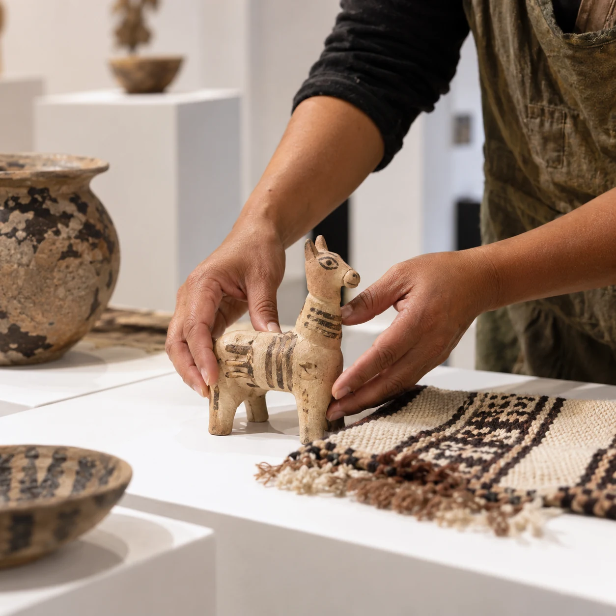 Illustration of hands position a small clay animal figure beside woven fabric.