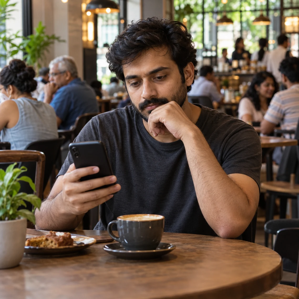 Illustration of a man considers his phone while seated in a busy cafe.