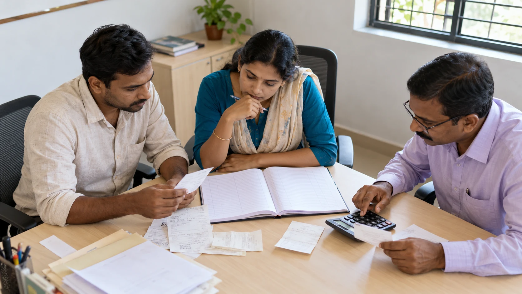 Illustration of three adults review papers, a ledger and calculator around a desk.