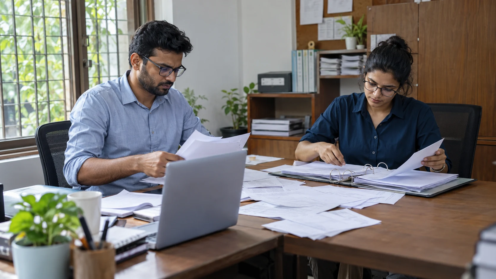 Illustration of two adults organise paper records beside a laptop in a community office.