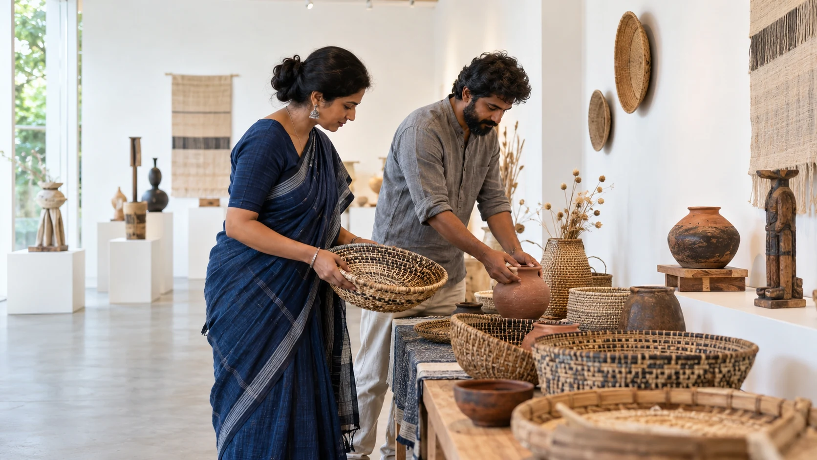 Illustration of two adults arrange woven baskets and clay objects in a cultural display.