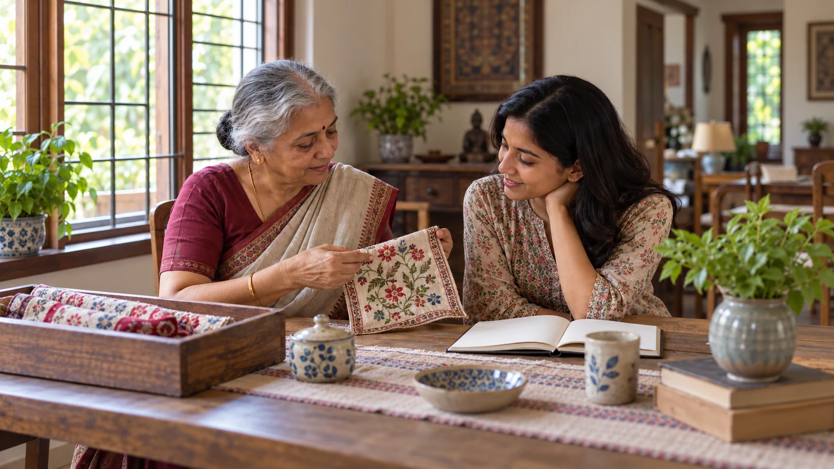 Illustration of an older and younger woman examine an embroidered textile together.