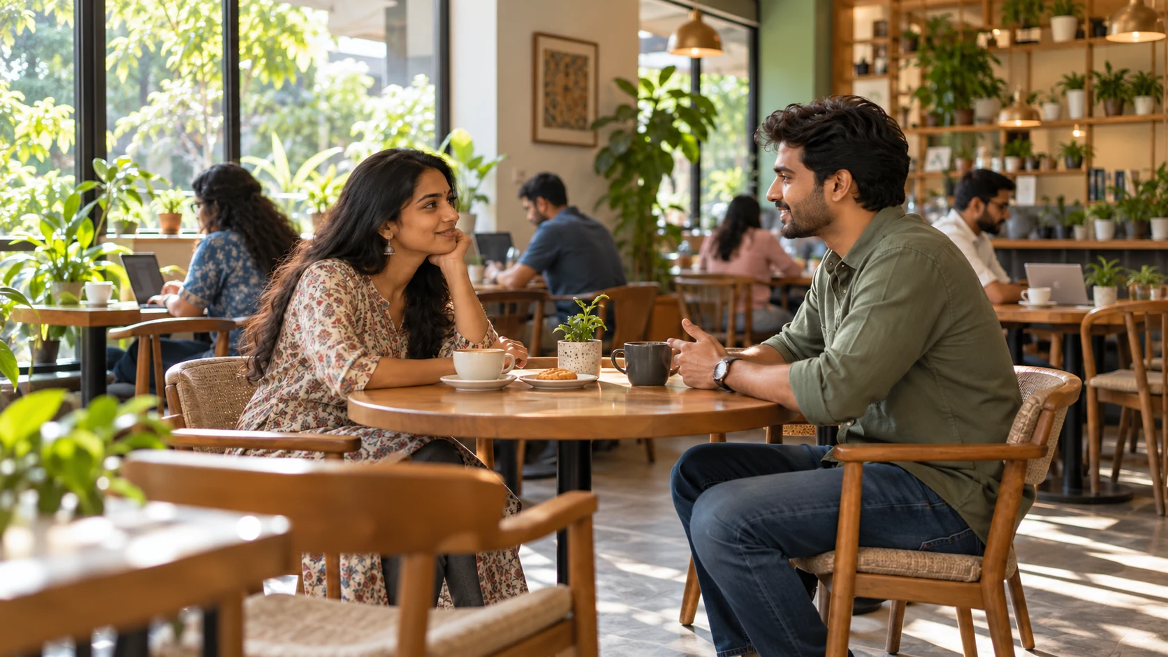 Illustration of two adults converse across a table in a public cafe.