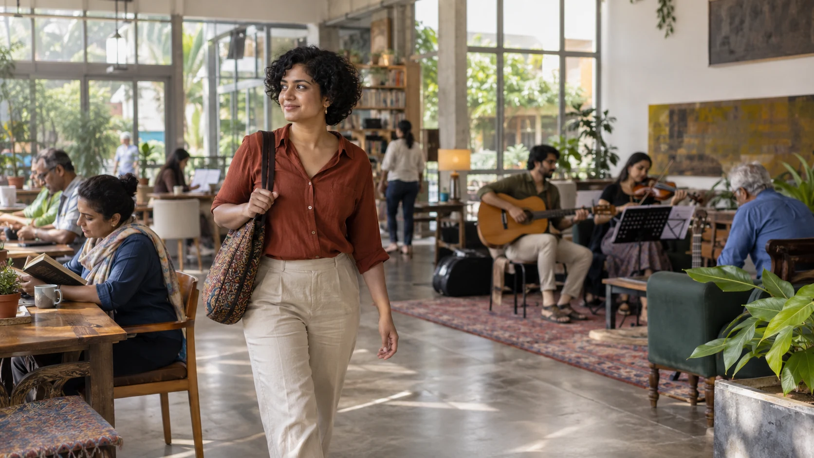 Illustration of a woman walks through a shared space where adults read and make music.