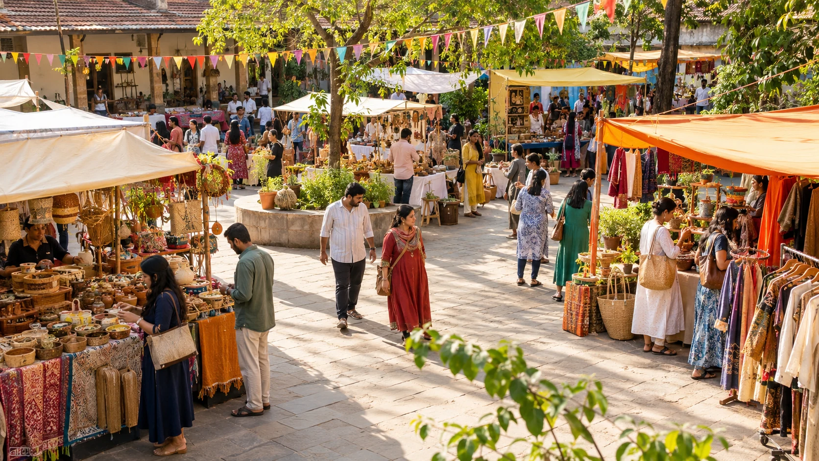 Illustration of visitors browse craft and produce stalls along a spacious community fair walkway.