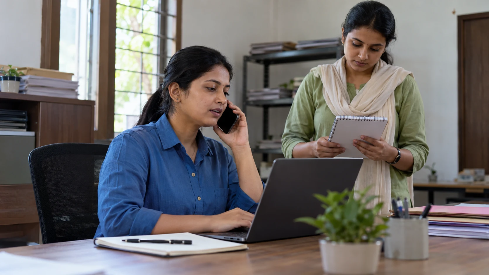 Illustration of a woman makes a focused phone call while a colleague checks a notepad.