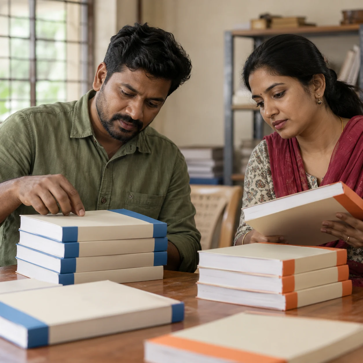 Two adults compare book sets with plain covers and different colour bands.