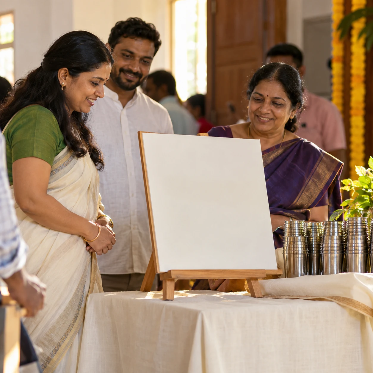Adults look at a blank recognition panel beside reusable cups and event cloth.