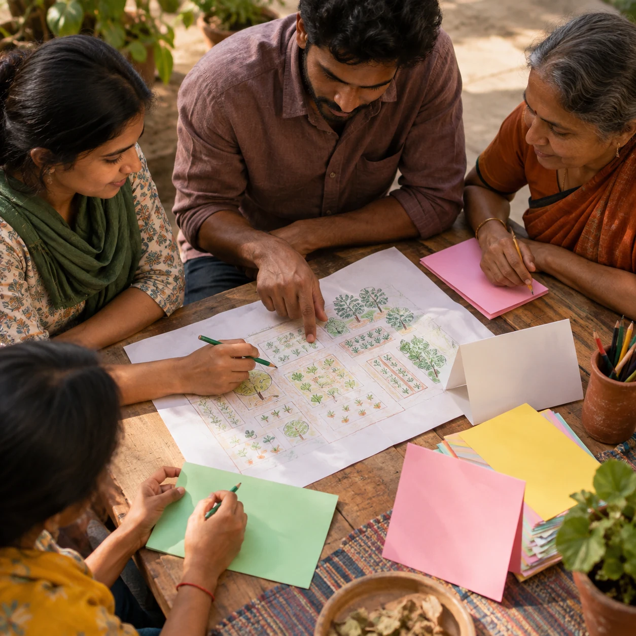 Adults consider a garden layout surrounded by coloured planning cards.