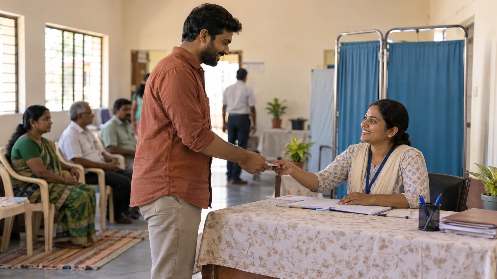 An adult attendee is welcomed at a modest health-camp reception desk.