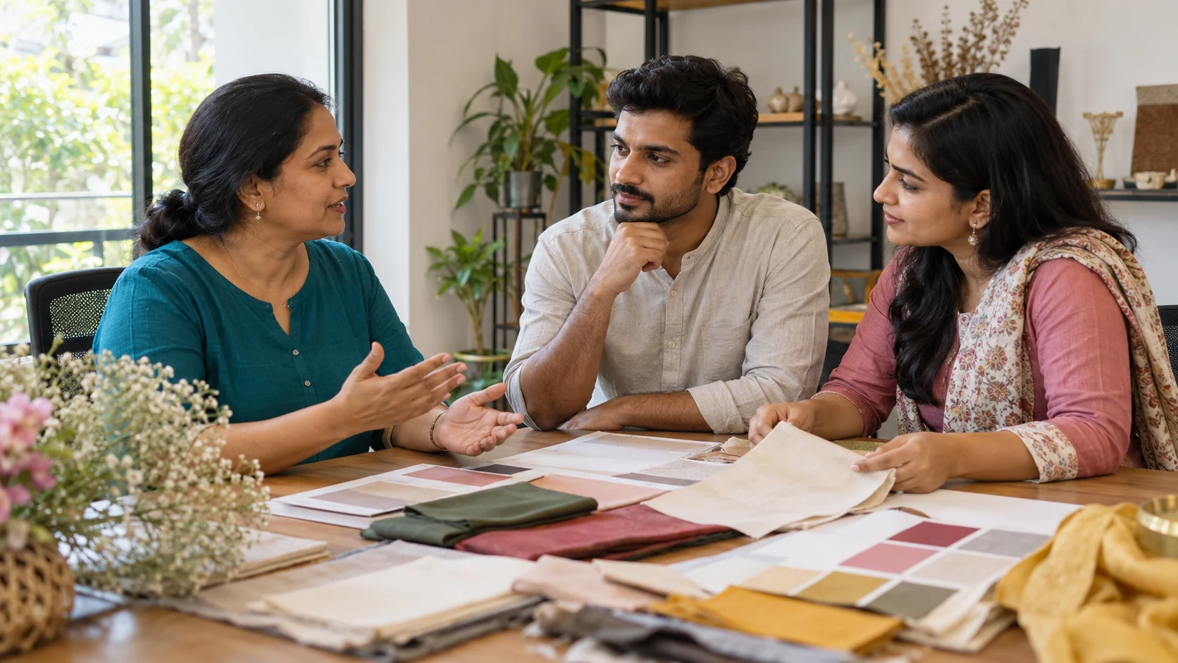 Three adults discuss practical programme materials and fabric samples around a table.