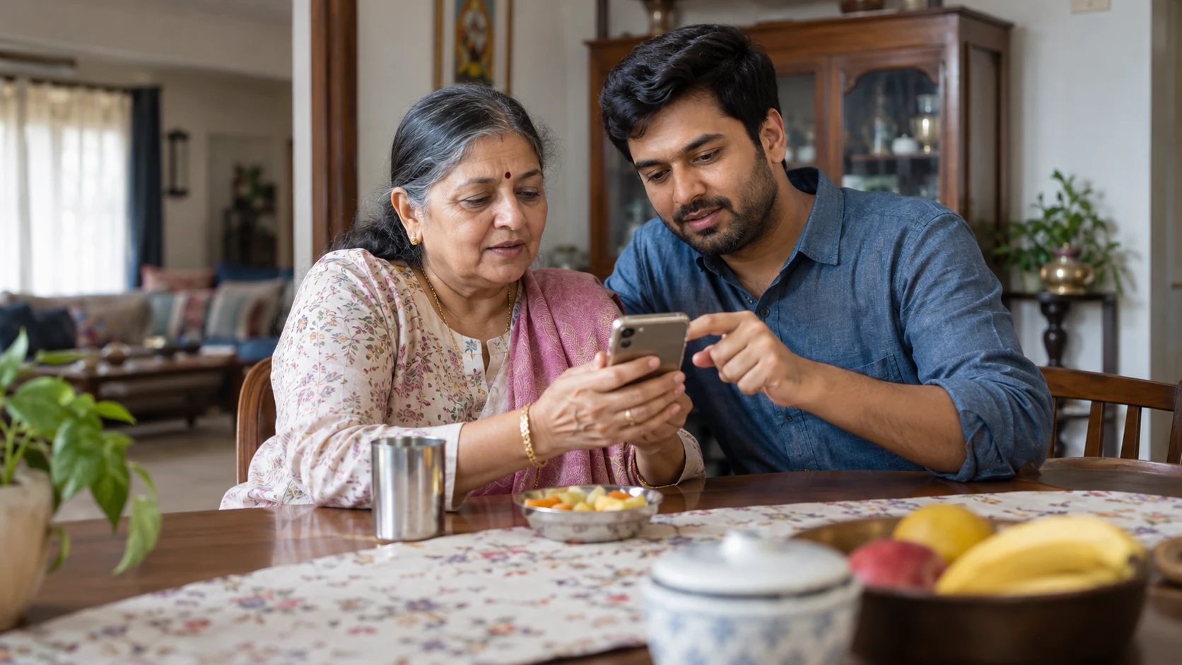 An older woman holds her phone while a younger adult helps with a task at home.