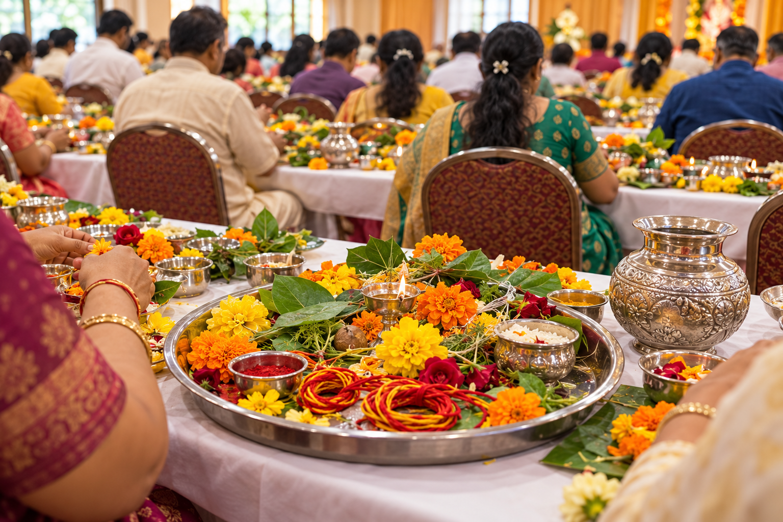 Illustration of a devotional gathering and pooja materials