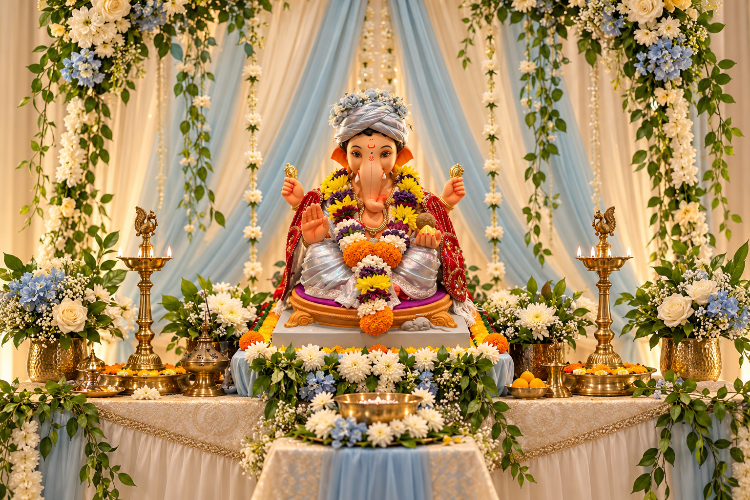 Illustration of Ganesh idol with flowers and devotional offerings