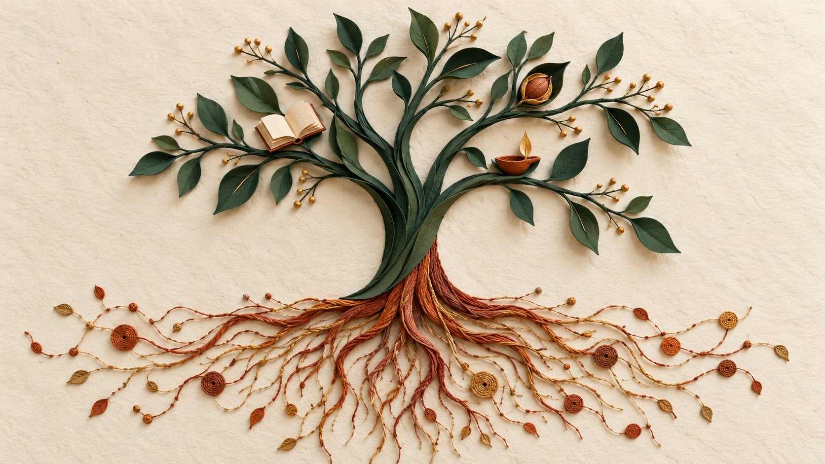 A paper-cut tree with green leaves and terracotta threads forming its roots.