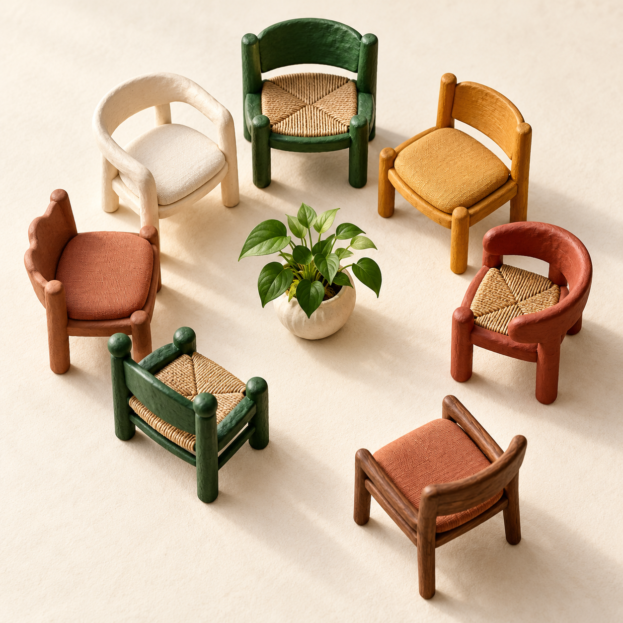 Handcrafted chairs arranged in an open circle around a small green plant.