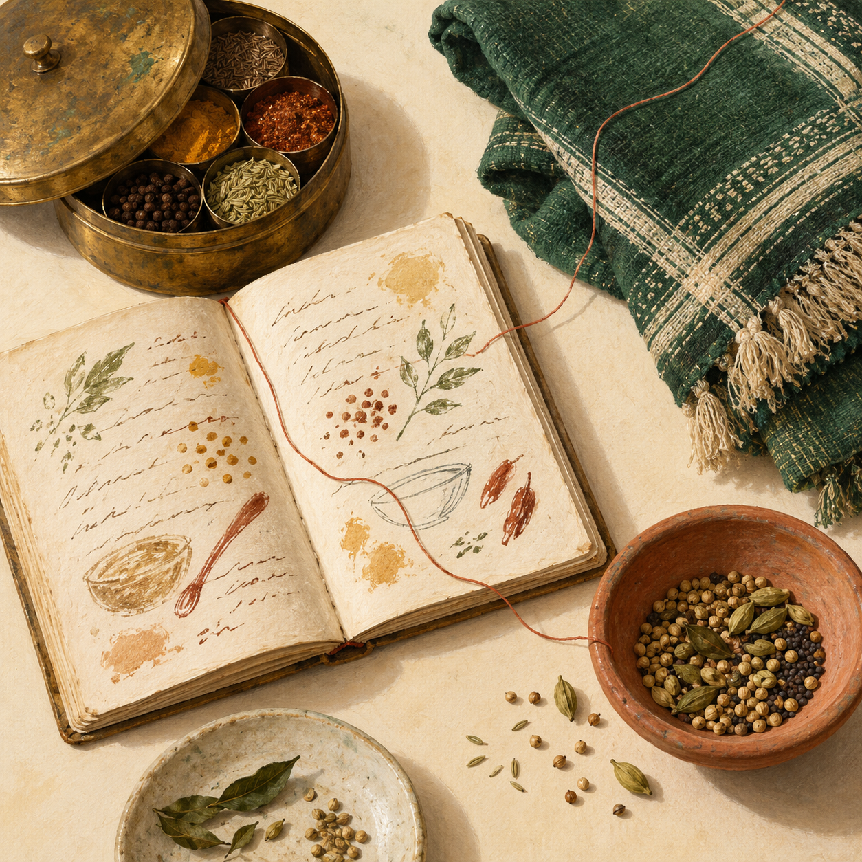Illustrated recipe notebook, spices and woven cloth connected by a fine thread.