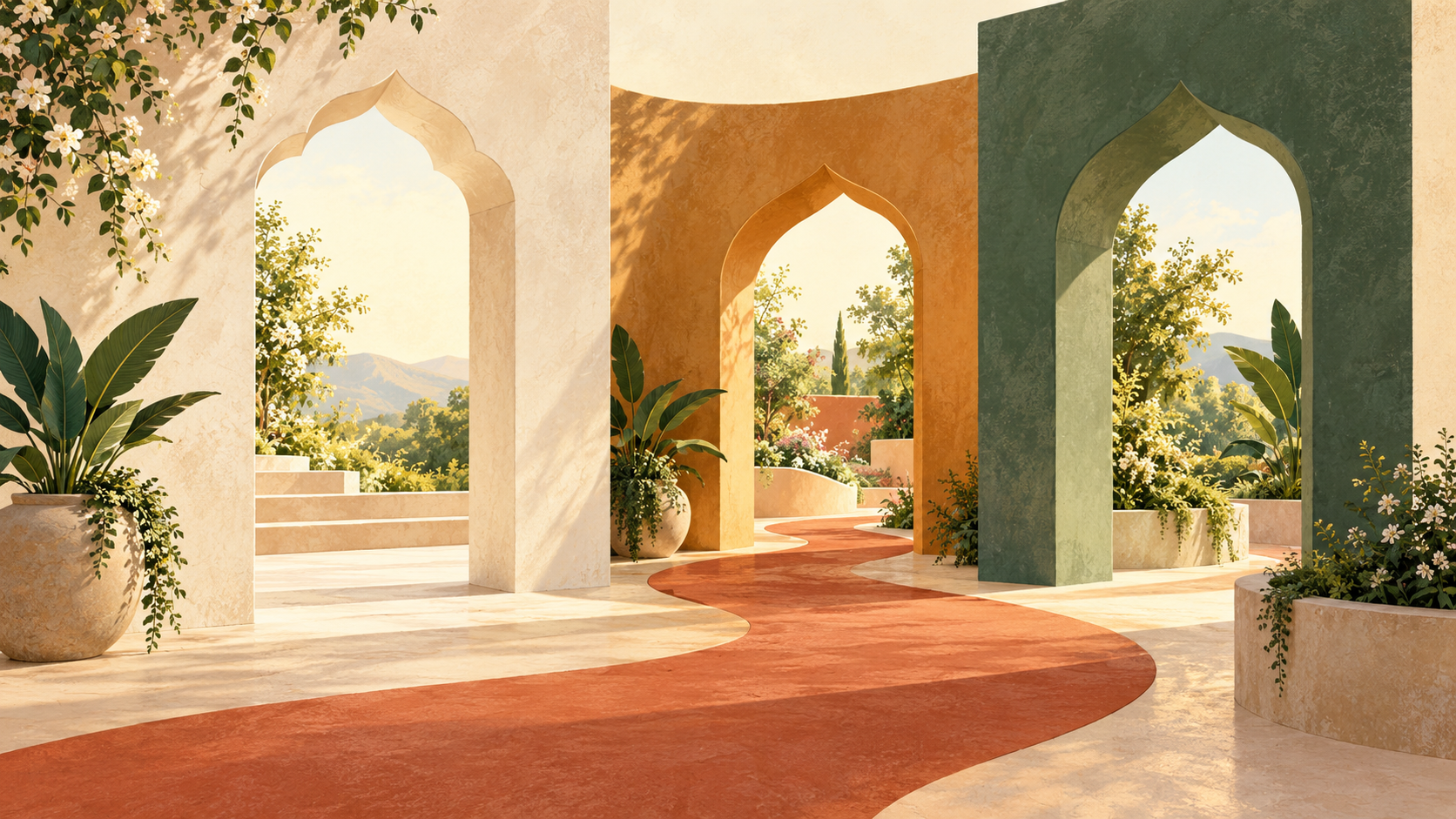 Three open cream, ochre and green doorways connected by a terracotta path.